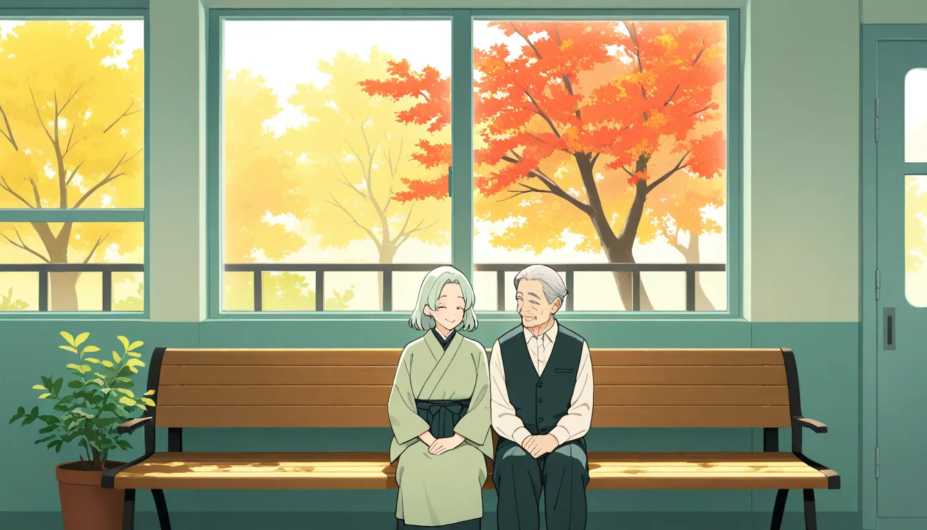 紅葉の見える待合室で、ベンチに並んで座る白髪の夫婦のイラスト