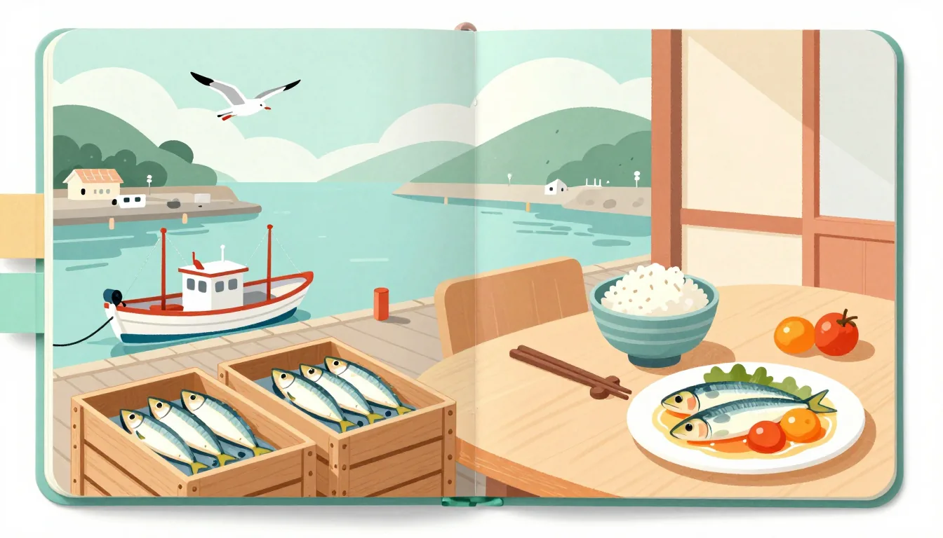 港の朝、銀色に光るイワシがたくさん入った木箱と、食卓の梅煮のイラスト