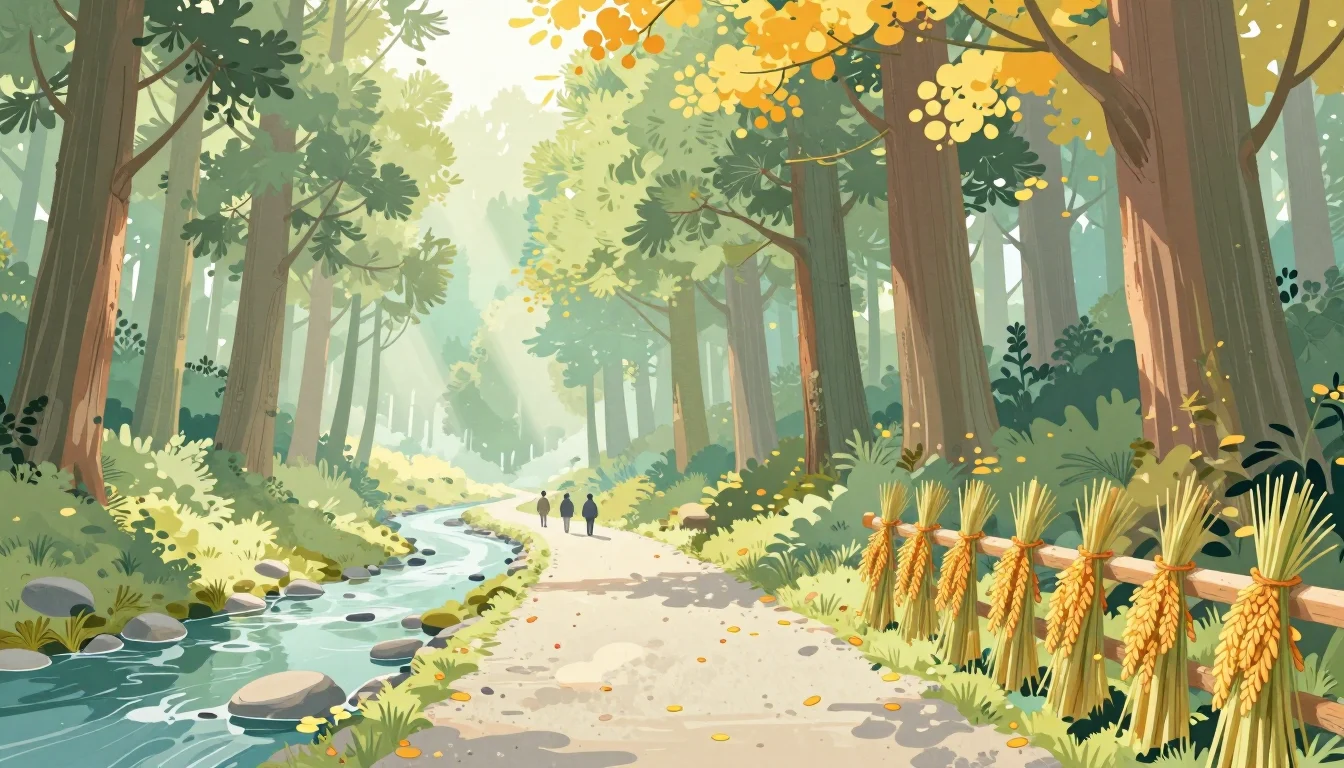 森の中の小川沿いの道と、稲束を掛けた柵の絵