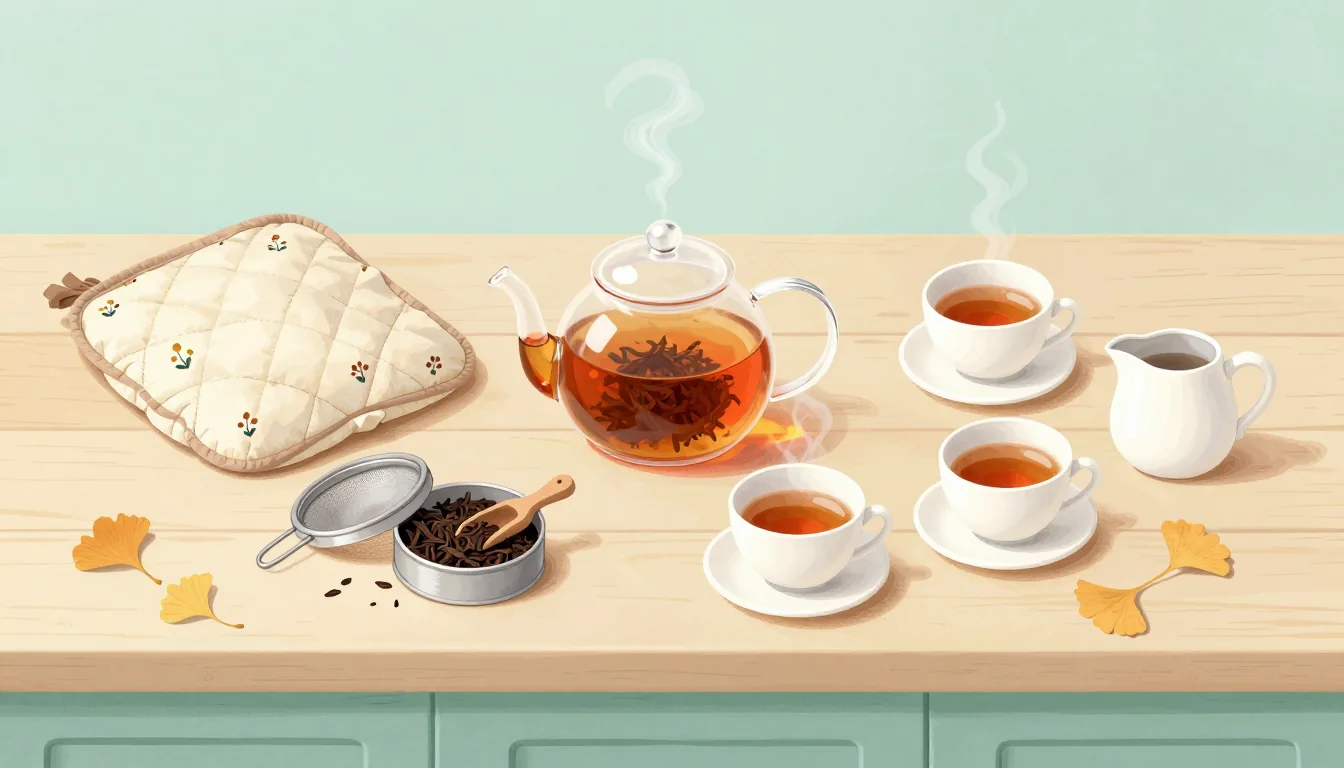 木の台に、茶葉の入ったガラスのティーポットと紅茶のカップ、キルトの保温カバー、茶葉の缶と茶こし