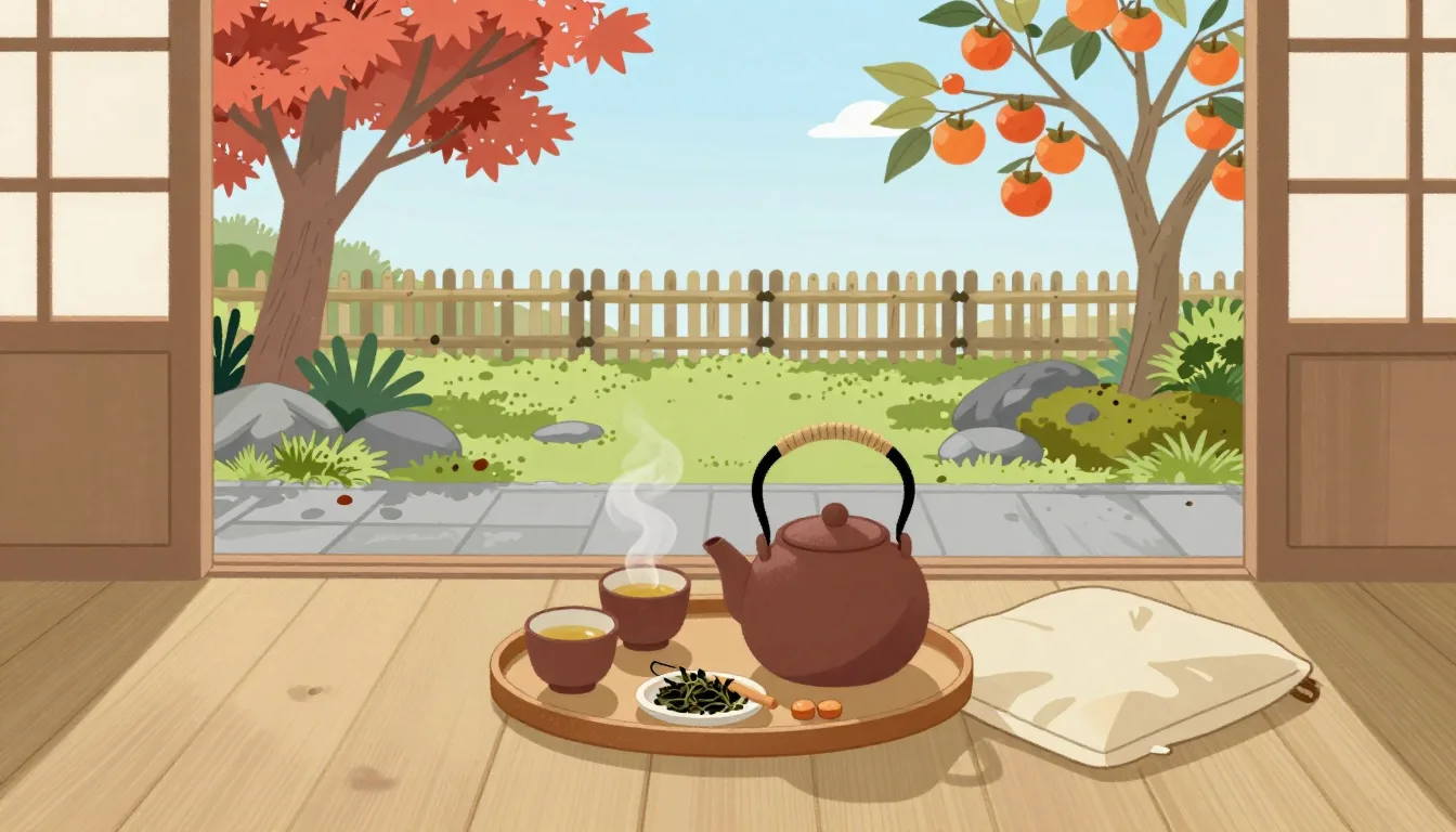 紅葉と柿の木の庭に面した縁側で、丸い盆に上手の急須と湯気の立つ緑茶の湯のみ、茶葉の小皿