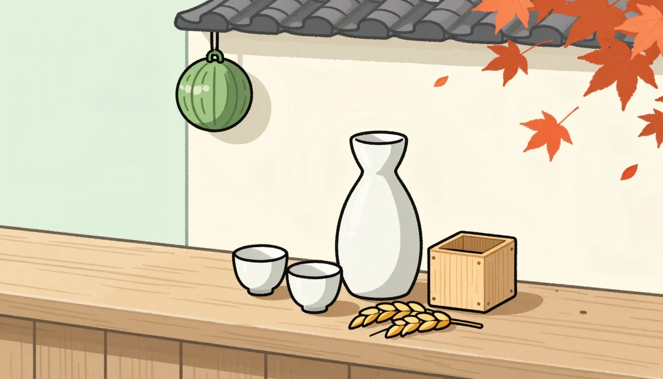酒蔵のカウンターに置かれた一升瓶と升、稲穂と杉玉のイラスト