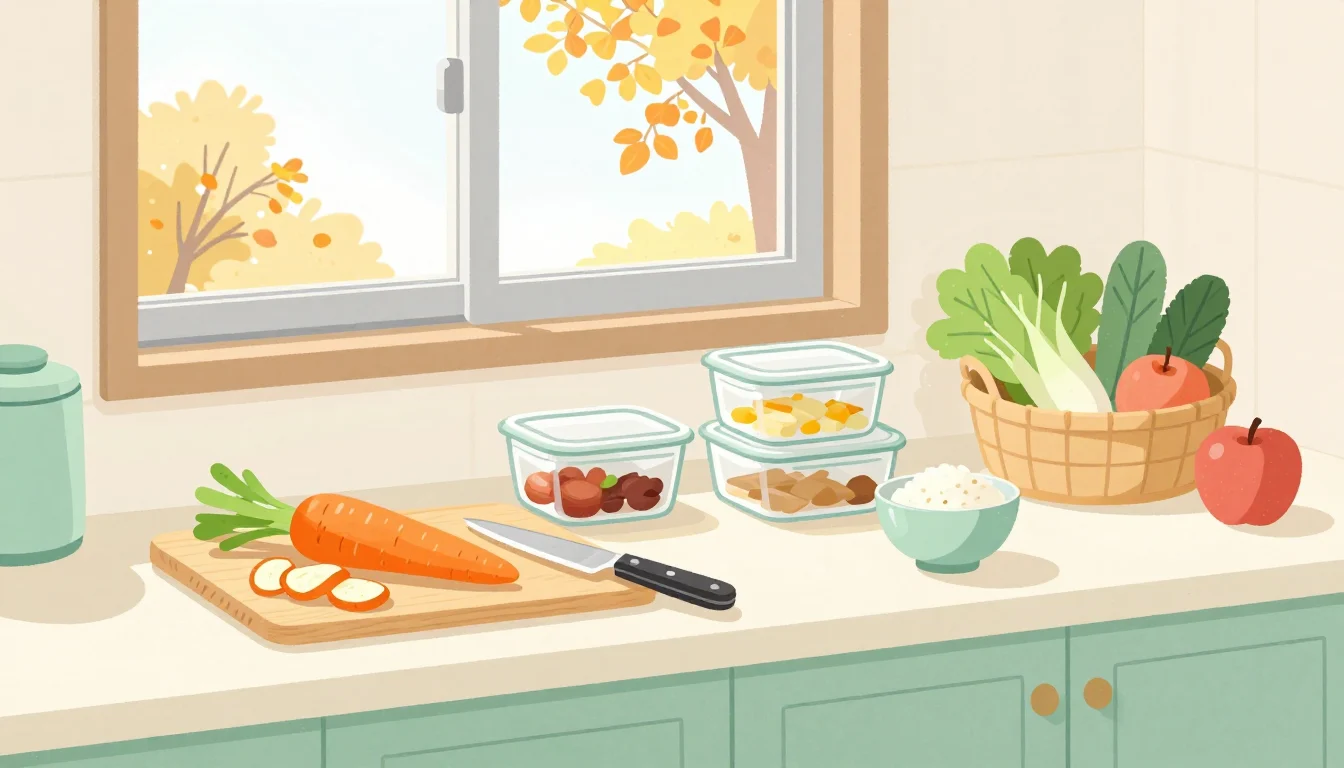 秋の窓辺の台所に、まな板のにんじんと、おかずの入った保存容器、ご飯と野菜のかご