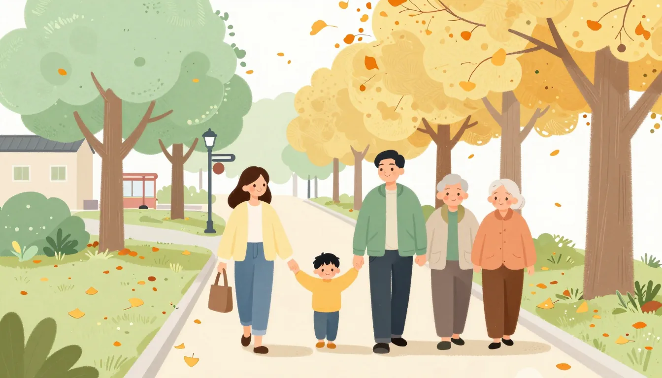 秋の並木道を、それぞれのペースで歩く人たちのイラスト